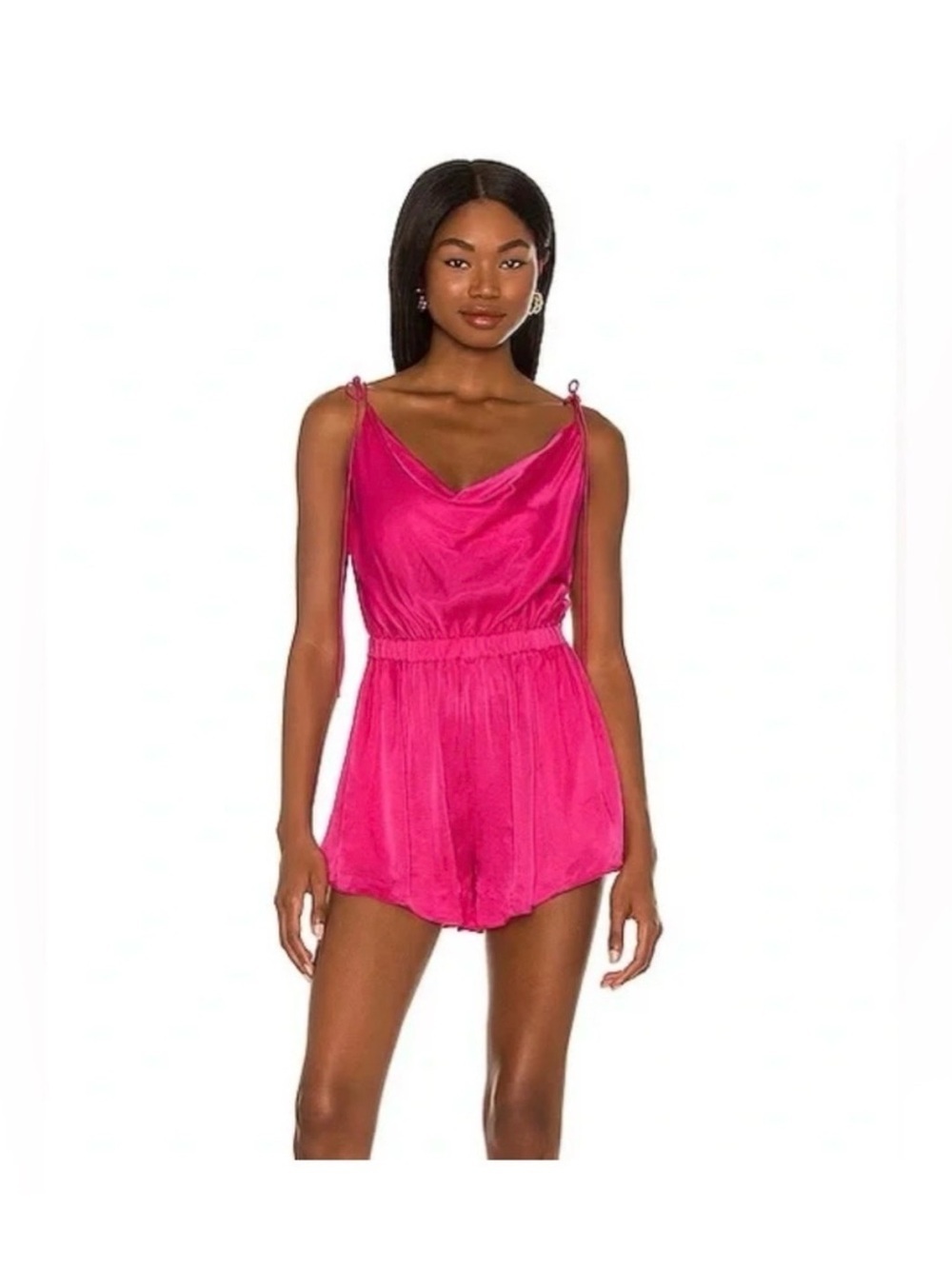NBD Maelle Revolve Hot Pink Satin Cowl Neck Romper Size Medium